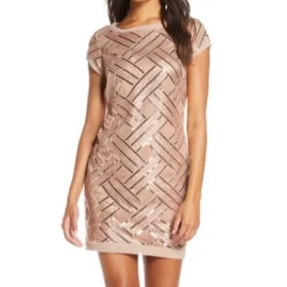 Eliza J Dresses & Skirts - Eliza J Lattice Pattern Sequin Sheath Dress Rose Gold Taupe Women’s Size 6